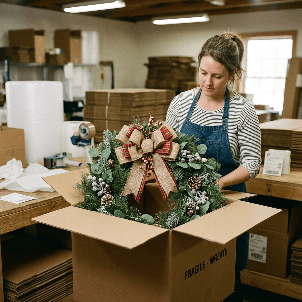 Worker packing a decorated holiday wreath into a cardboard shipping box