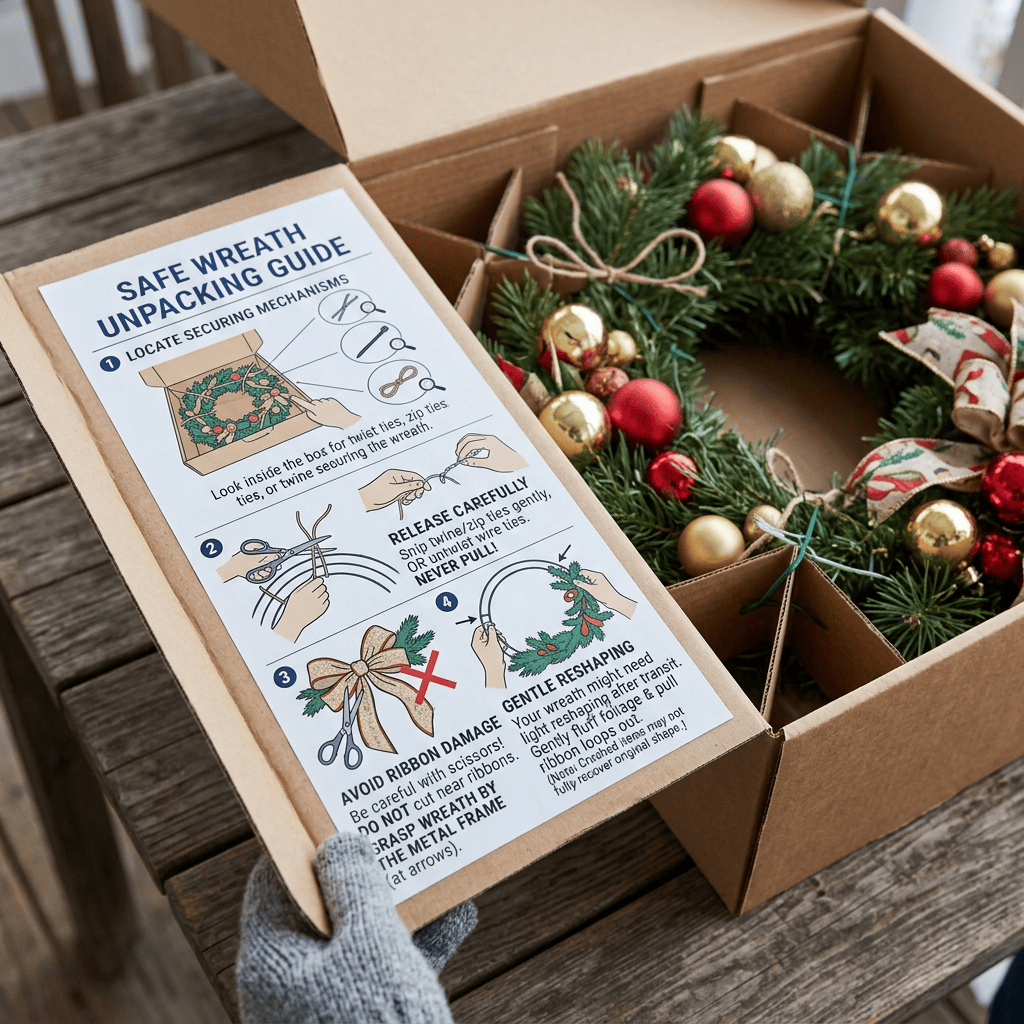 Safe Wreath Unpacking Guide beside a decorated Christmas wreath in a box